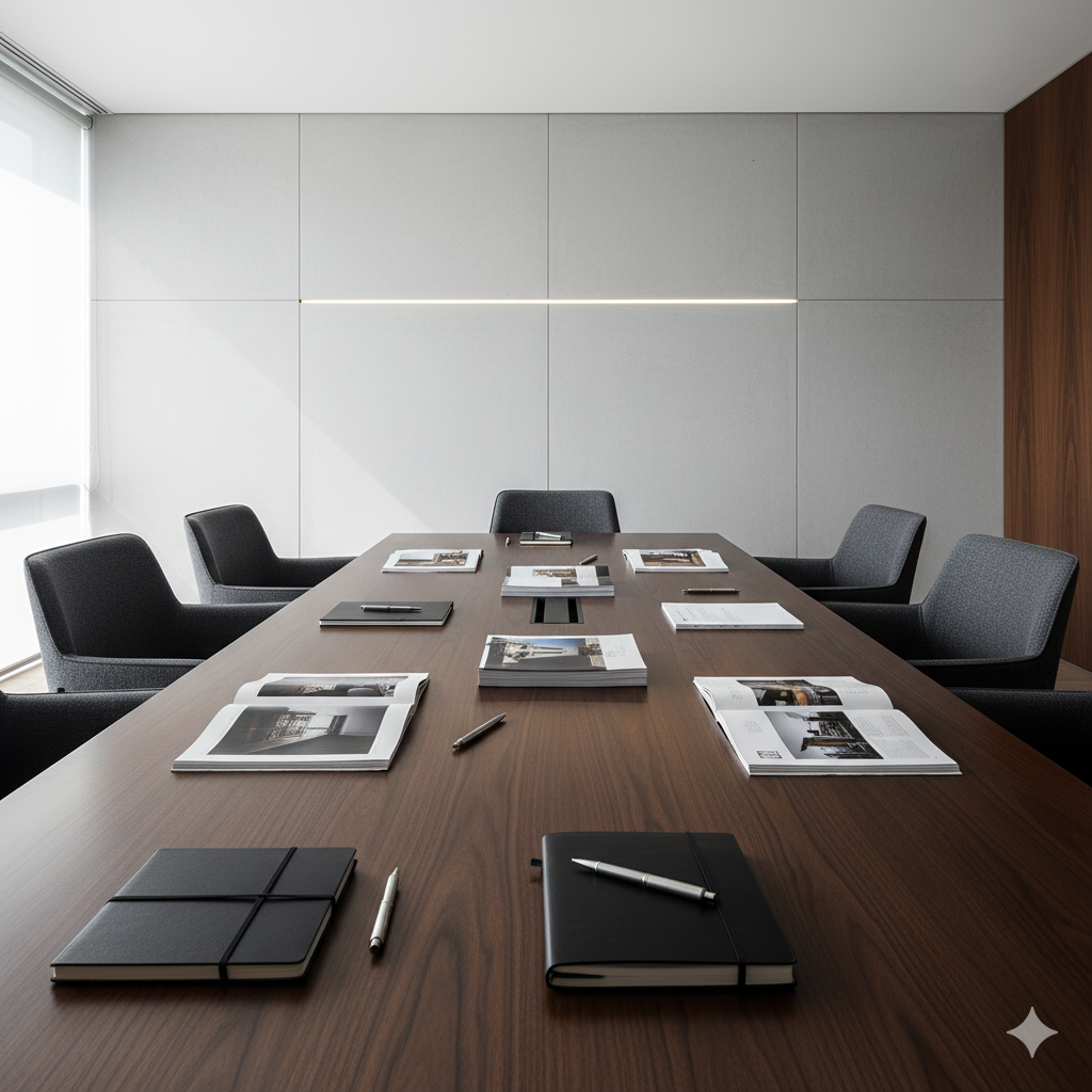 Conference table with open books and grey chairs