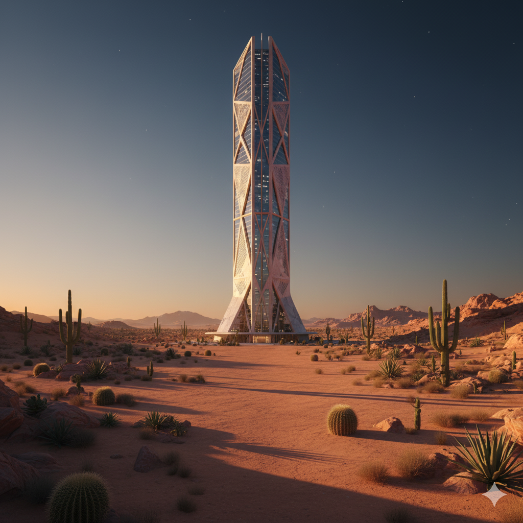 High-rise tower at dusk with warm interior lighting