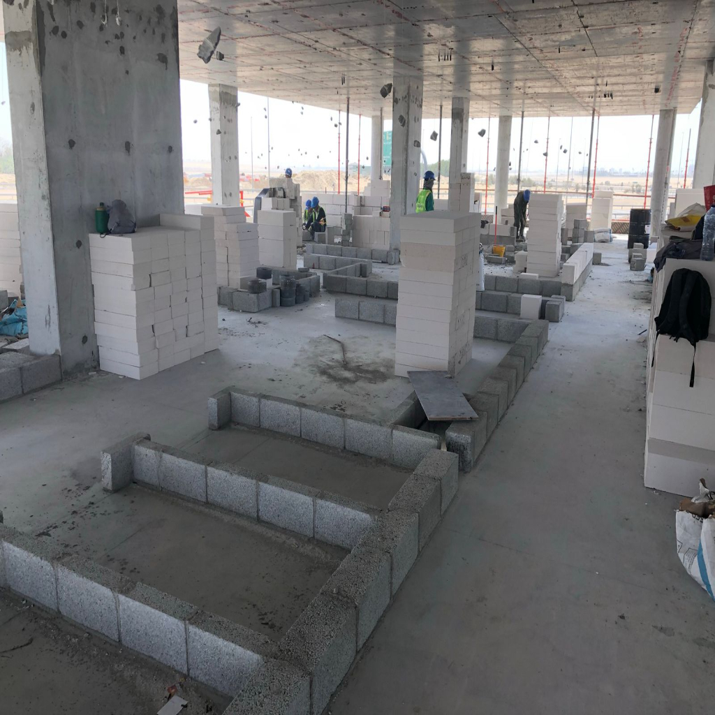 Angled shot of the tower's facade