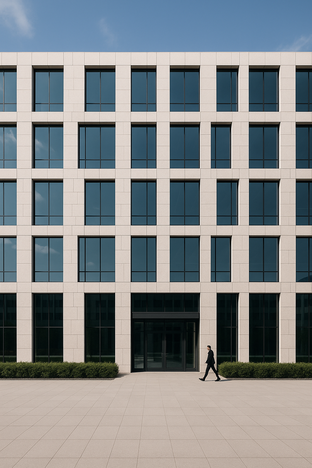 A modern architectural building at dusk.