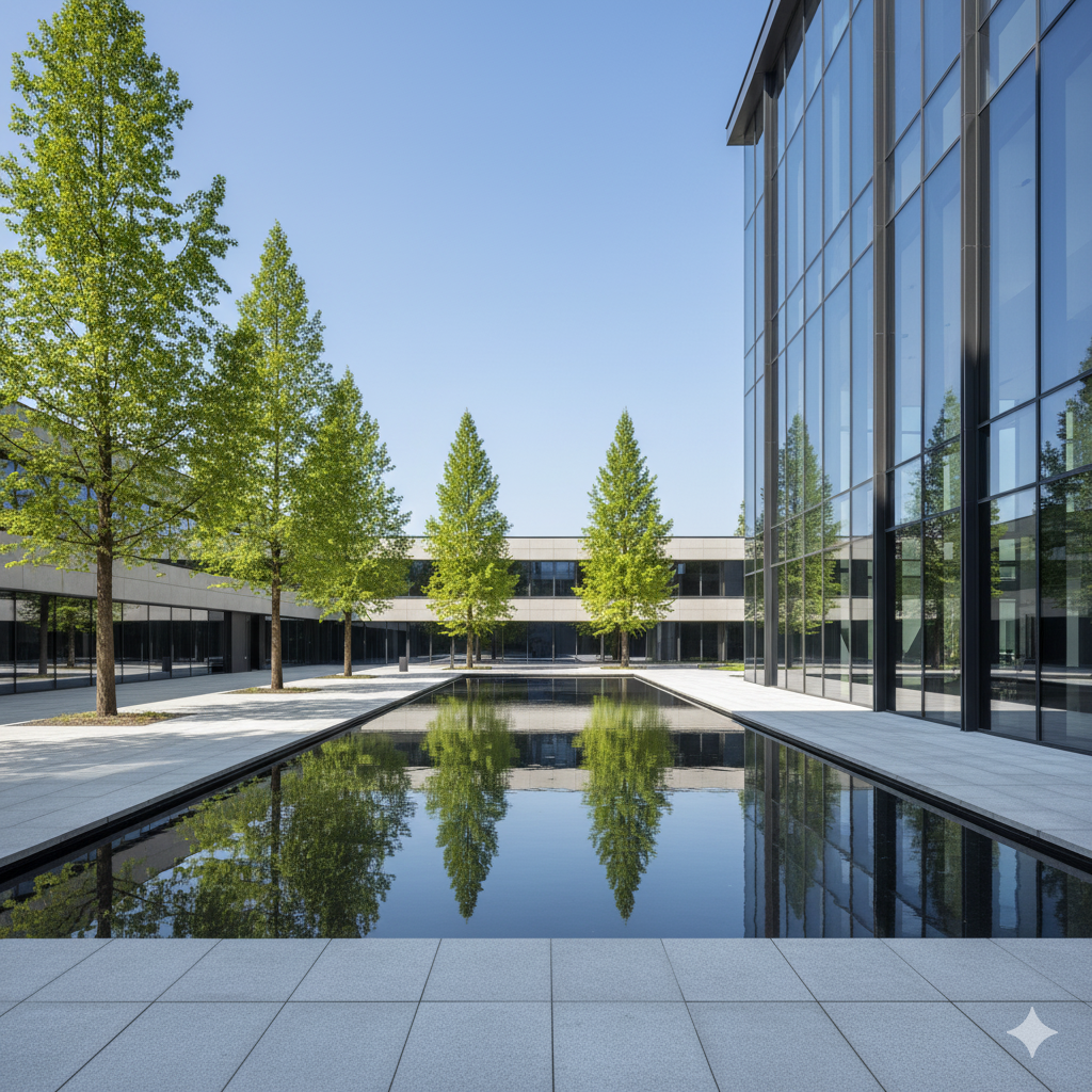 Modern building with trees and water feature